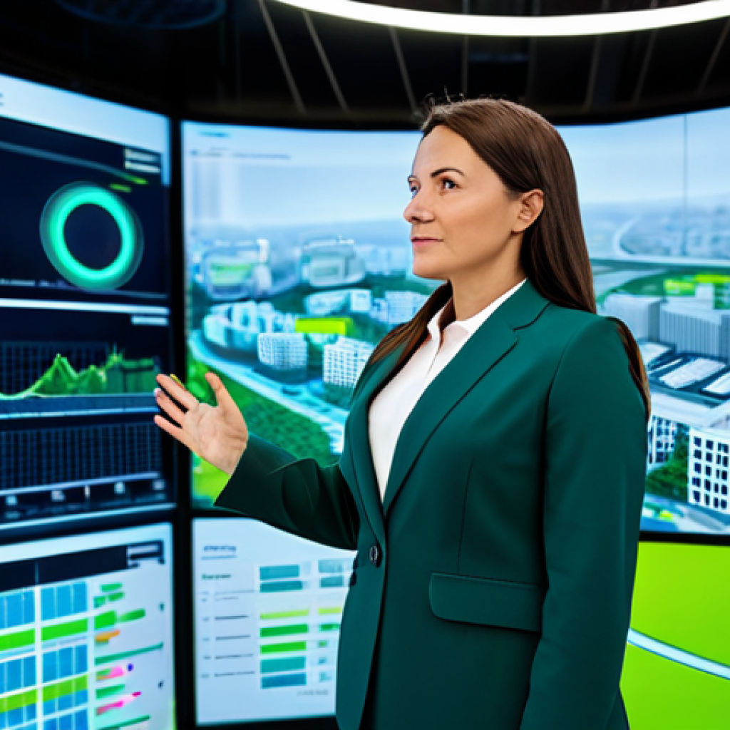 A professional environmental strategist, a woman in her late 30s, dressed in a sleek, modest business suit, standing confidently in a modern, brightly lit command center of a smart city. She is looking at a large, transparent holographic display showing real-time environmental data like air quality, energy consumption, and integrated green infrastructure. The background features digital maps with green overlays and futuristic cityscapes with clean energy solutions visible through a large window. The space is clean, organized, and high-tech, with subtle natural plant elements integrated into the design. Professional photography, high detail, sharp focus, natural lighting, perfect anatomy, correct proportions, well-formed hands, natural pose, fully clothed, modest clothing, appropriate attire, professional dress, safe for work, appropriate content, professional.
