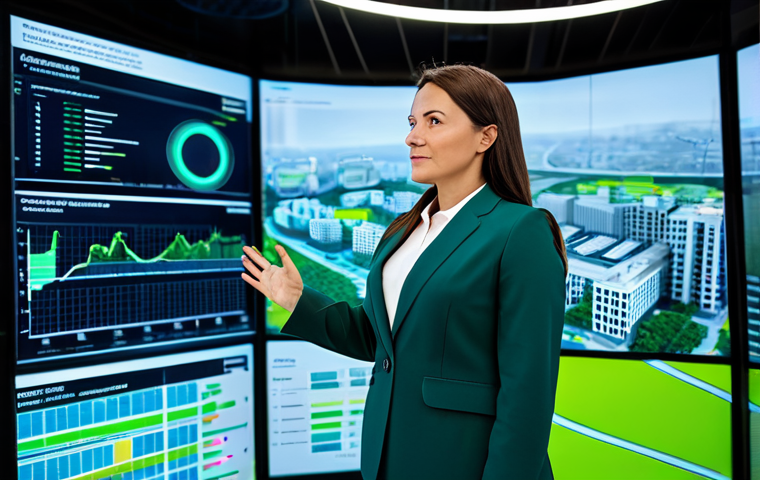 A professional environmental strategist, a woman in her late 30s, dressed in a sleek, modest business suit, standing confidently in a modern, brightly lit command center of a smart city. She is looking at a large, transparent holographic display showing real-time environmental data like air quality, energy consumption, and integrated green infrastructure. The background features digital maps with green overlays and futuristic cityscapes with clean energy solutions visible through a large window. The space is clean, organized, and high-tech, with subtle natural plant elements integrated into the design. Professional photography, high detail, sharp focus, natural lighting, perfect anatomy, correct proportions, well-formed hands, natural pose, fully clothed, modest clothing, appropriate attire, professional dress, safe for work, appropriate content, professional.