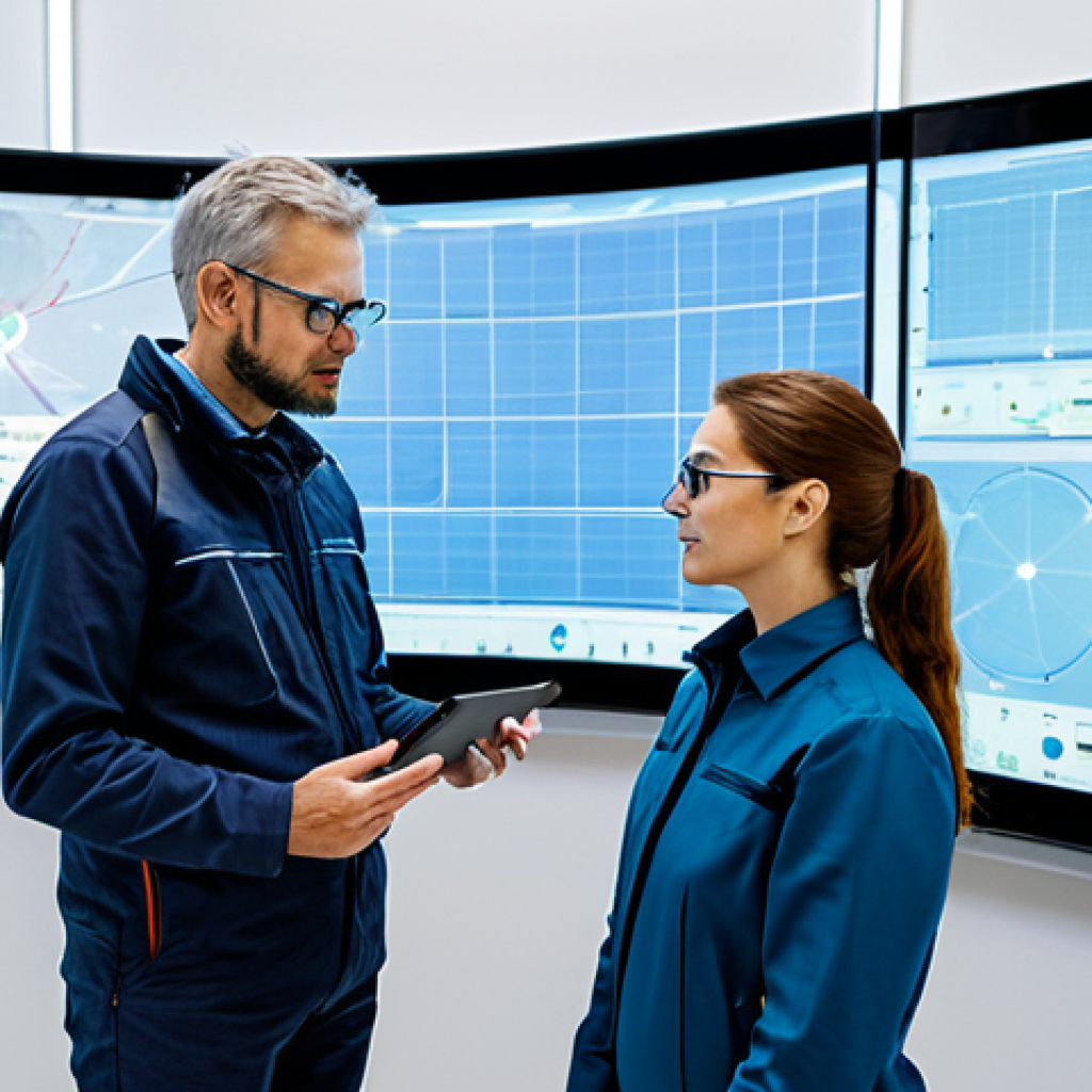 A group of three professional environmental engineers, two women and one man, fully clothed in modern, modest technical workwear and safety glasses, collaborating around a large interactive holographic display in a high-tech renewable energy control room. The display shows real-time data from a wind farm and solar panels, with faint visualizations of drones and IoT sensors monitoring a vast landscape in the background. The scene is well-lit, representing innovation and efficiency. Perfect anatomy, correct proportions, natural poses, well-formed hands, proper finger count, natural body proportions, professional photography, high detail, sharp focus, safe for work, appropriate content, fully clothed, professional.
