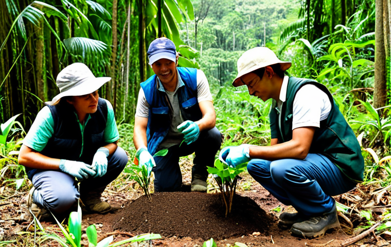**

A diverse team of environmental scientists, fully clothed in professional fieldwork attire (hiking boots, vests, cargo pants), are collaborating on a reforestation project in the Amazon rainforest. They are planting seedlings and analyzing soil samples.  The scene is bright and sunny, showcasing the lush greenery. Perfect anatomy, correct proportions, natural poses, well-formed hands, proper finger count. Appropriate content, safe for work, professional, family-friendly.

**