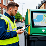 Smart Waste Management**

"A bustling city street scene, showing modern, sensor-equipped waste bins. A technician, fully clothed in a professional uniform, uses a tablet displaying a map with color-coded waste bin levels. In the background, a modern waste collection truck efficiently navigates the street. Focus on cleanliness and efficiency. Safe for work, appropriate content, fully clothed, professional, perfect anatomy, natural proportions, high quality."

**