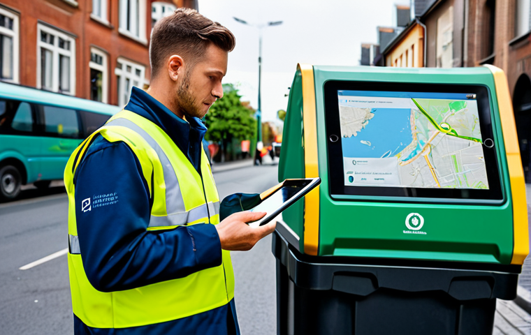 Smart Waste Management**

"A bustling city street scene, showing modern, sensor-equipped waste bins. A technician, fully clothed in a professional uniform, uses a tablet displaying a map with color-coded waste bin levels. In the background, a modern waste collection truck efficiently navigates the street. Focus on cleanliness and efficiency. Safe for work, appropriate content, fully clothed, professional, perfect anatomy, natural proportions, high quality."

**