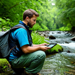**

A fully clothed environmental technician in appropriate field attire (hiking boots, cargo pants, and a practical vest) meticulously calibrating a pH meter near a clear stream. Lush green vegetation surrounds the technician. The scene is safe for work, features perfect anatomy, correct proportions, and natural lighting. Professional, modest, and family-friendly.

**