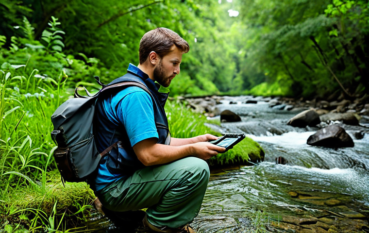**

A fully clothed environmental technician in appropriate field attire (hiking boots, cargo pants, and a practical vest) meticulously calibrating a pH meter near a clear stream. Lush green vegetation surrounds the technician. The scene is safe for work, features perfect anatomy, correct proportions, and natural lighting. Professional, modest, and family-friendly.

**