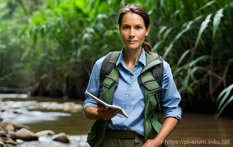 환경관리사와 관련된 환경 교육 프로그램 - **Prompt:** A highly skilled female environmental consultant, in her late 30s, dressed in sturdy, fu...