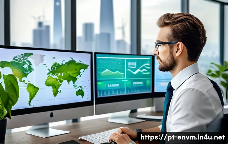 환경관리사와 환경보건기사 차이 - A professional environmental manager in a modern office setting, wearing business casual attire, ana...