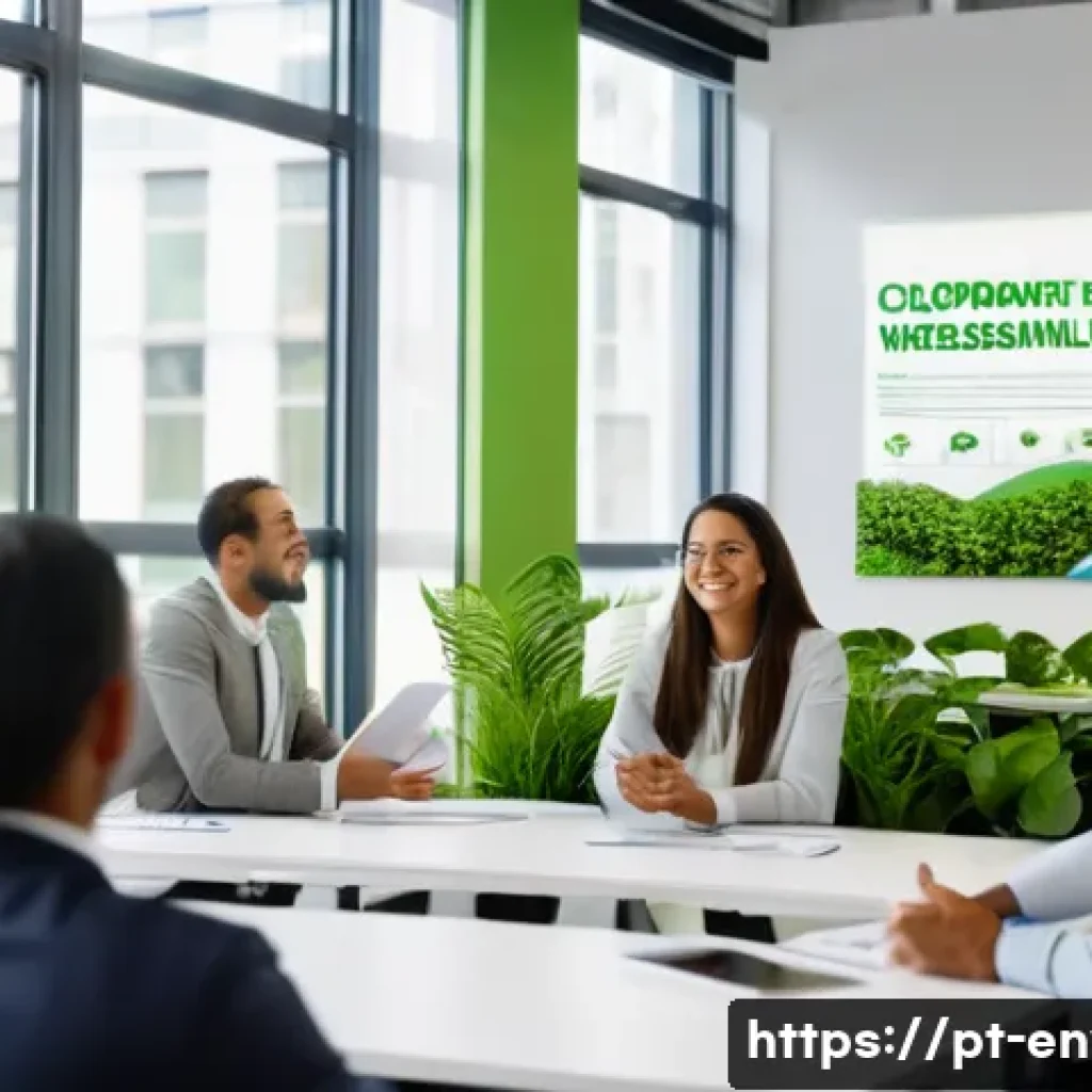환경관리사와 기업 환경경영 사례 - A diverse group of Brazilian office employees engaged in a lively sustainability training session in...