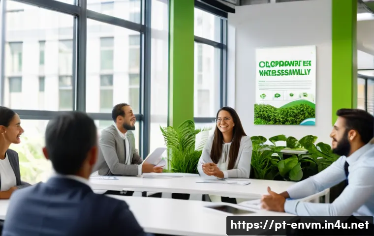 환경관리사와 기업 환경경영 사례 - A diverse group of Brazilian office employees engaged in a lively sustainability training session in...