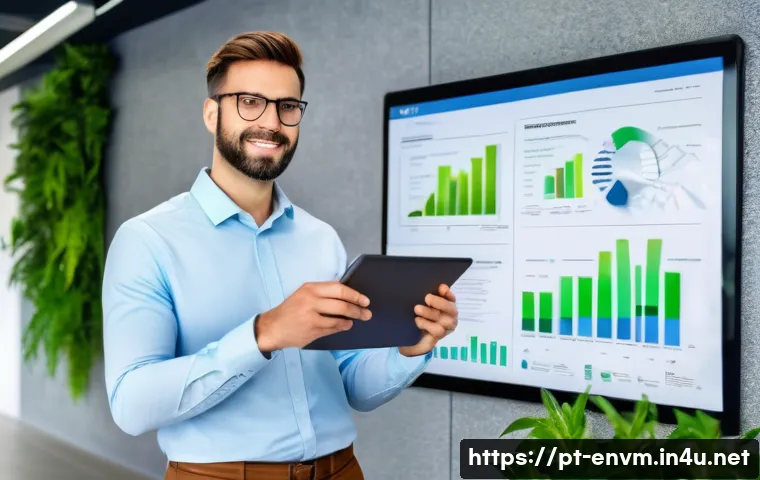 환경관리사 경력직 취업 가이드 - A professional environmental manager in a modern office setting, analyzing sustainability reports on...