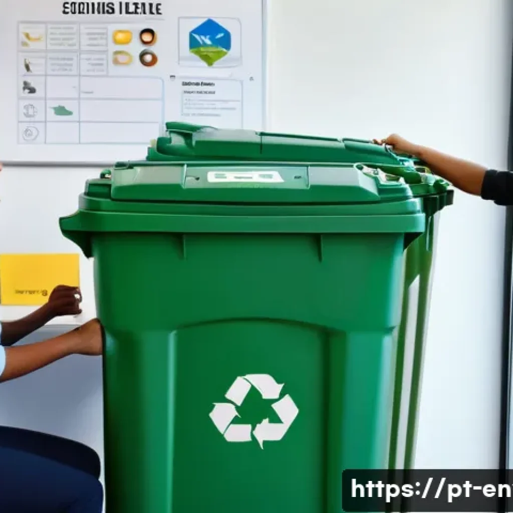 환경관리사 실무 사례 분석 - A modern corporate recycling program scene inside a Brazilian office building, featuring diverse emp...