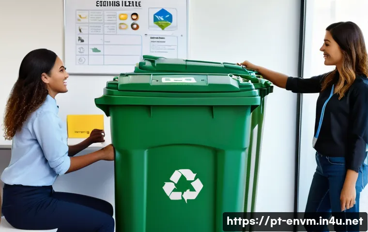 환경관리사 실무 사례 분석 - A modern corporate recycling program scene inside a Brazilian office building, featuring diverse emp...