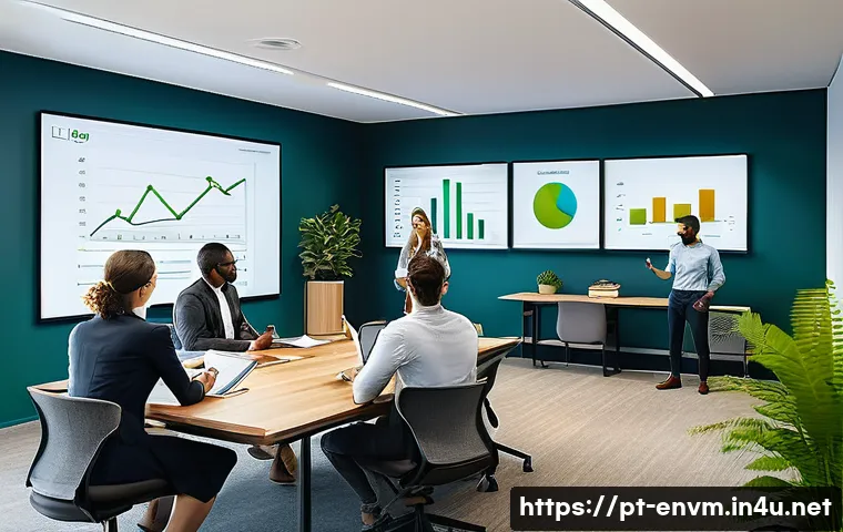 환경관리사와 국제 환경 규제 - A modern corporate office meeting room with a diverse team of professionals engaged in a sustainabil...