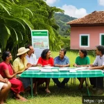 Home 19 환경관리사로서 필요한 대인관계 기술 - A diverse group of environmental managers and local community members gathered outdoors in a sunny B...