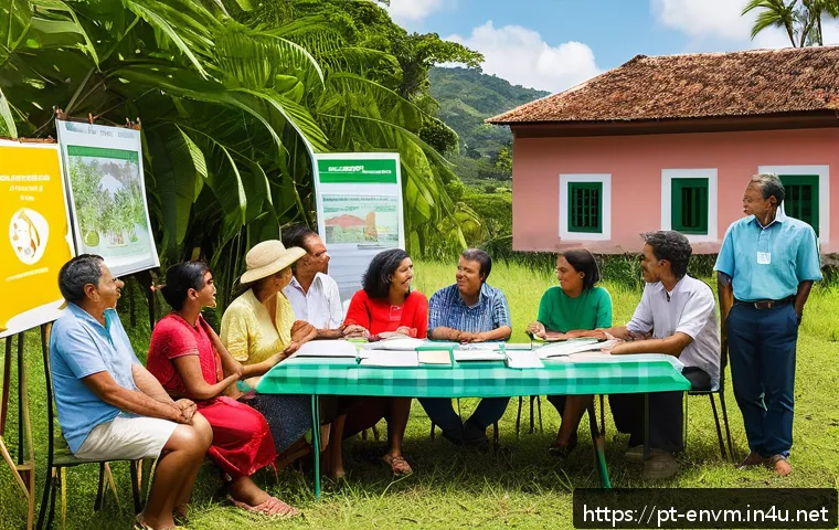 환경관리사로서 필요한 대인관계 기술 - A diverse group of environmental managers and local community members gathered outdoors in a sunny B...