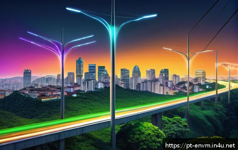 환경관리사와 환경 모니터링 도구 - A detailed urban environmental monitoring scene featuring smart sensors mounted on lamp posts and ro...